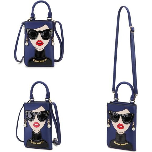 Lady Face Deep Blue Shoulder Bags Funky Vegan Leather Top Handle Satchel - Picture 4 of 6